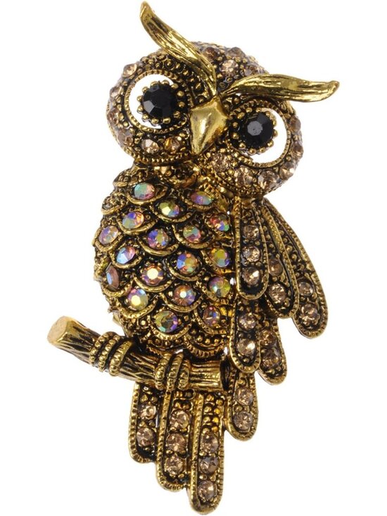 Other - Antique Multicolored Crystal Rhinestone Perched Little Owl Branch Pin Brooch